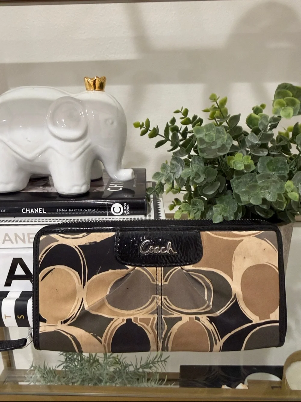 Coach Black and Beige Signature Zip Around Wallet